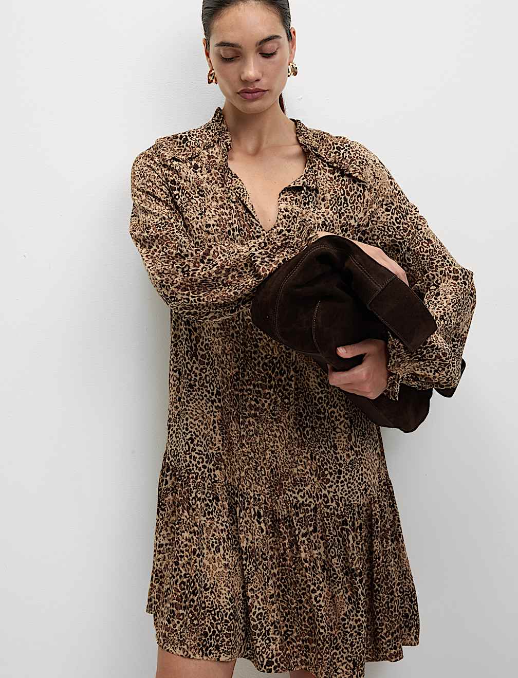 Printed Ruffle Mini Relaxed Smock Dress