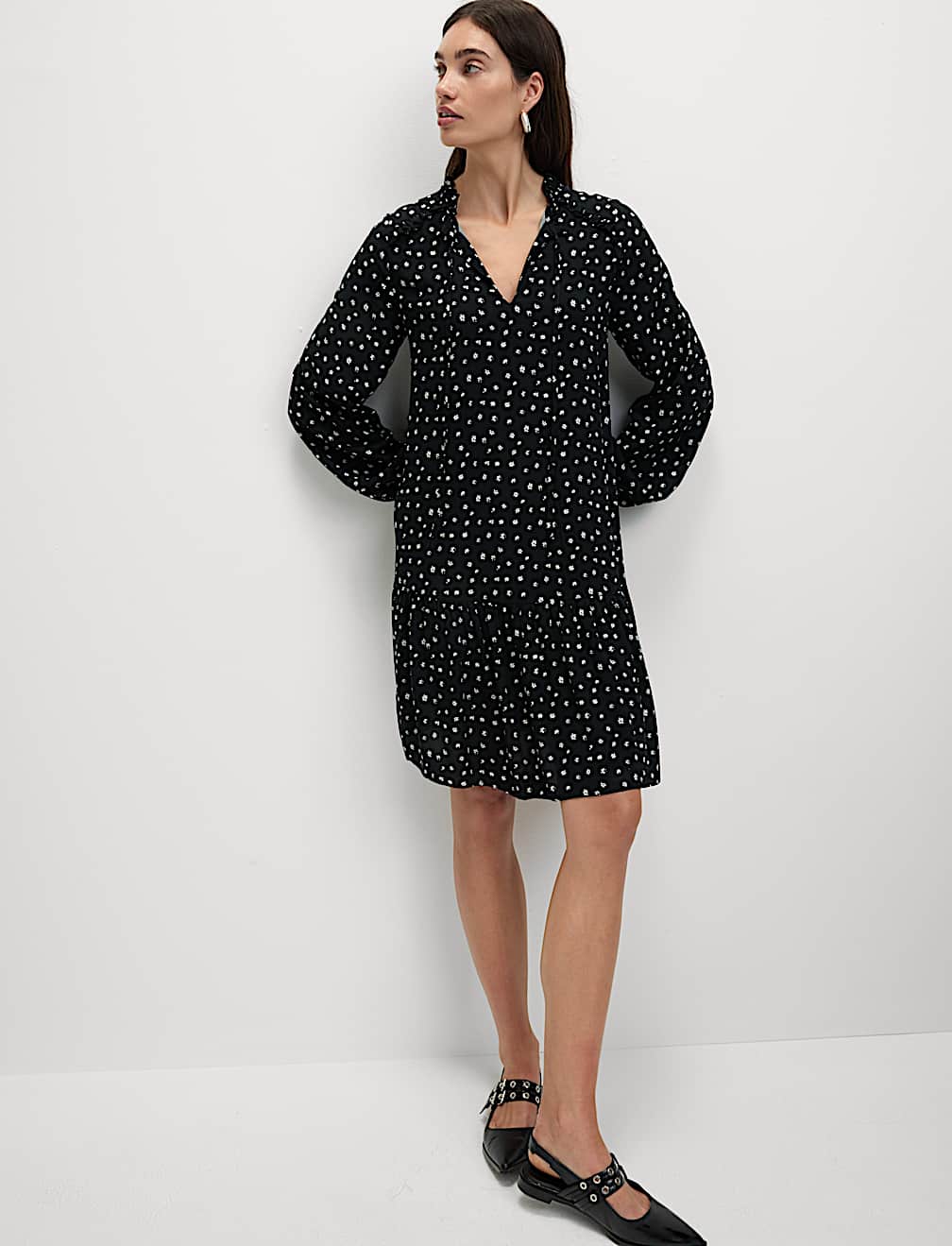 Printed Ruffle Mini Relaxed Smock Dress