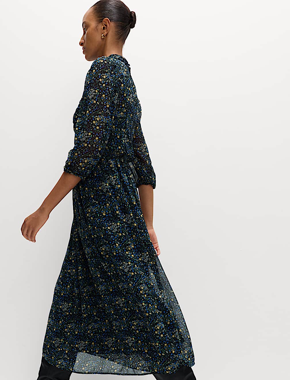 Ditsy Floral Ruched Midaxi Waisted Dress
