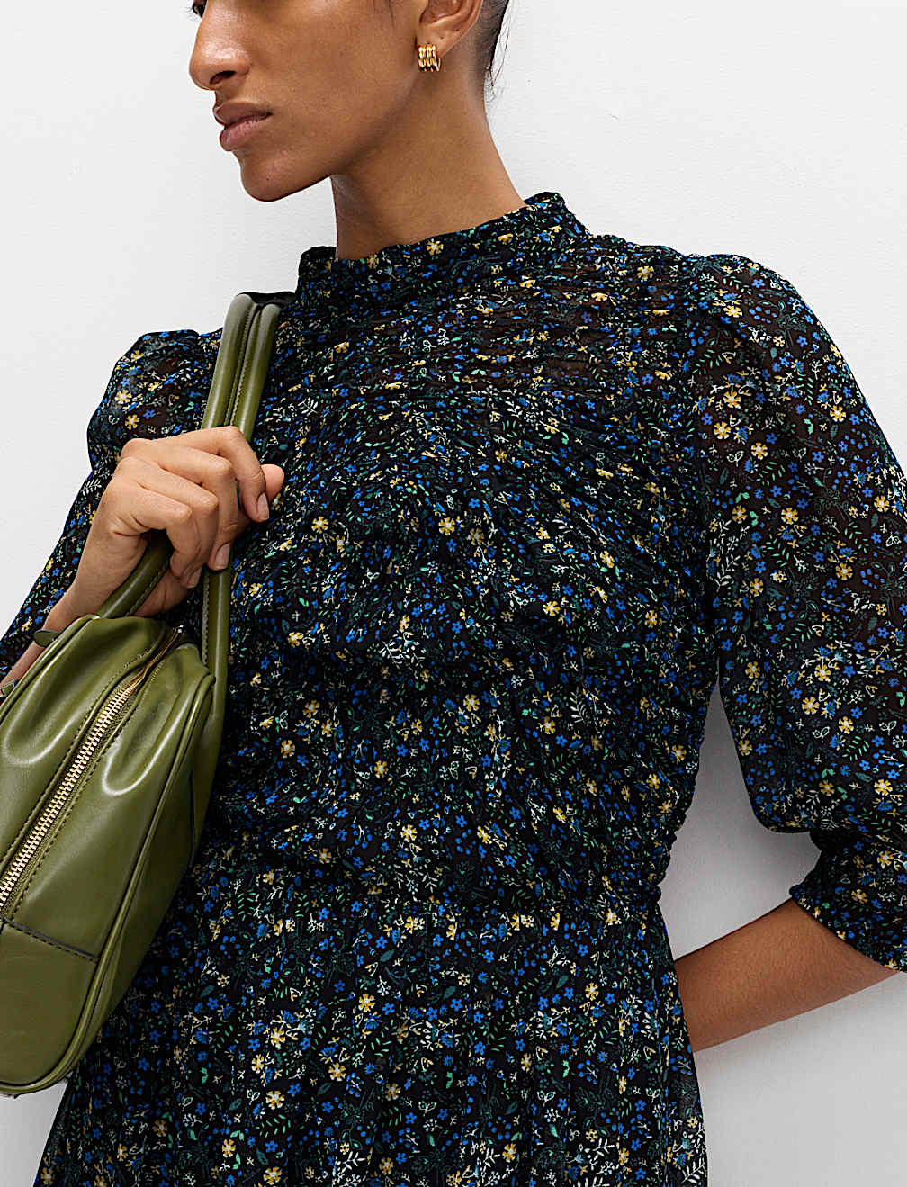 Ditsy Floral Ruched Midaxi Waisted Dress