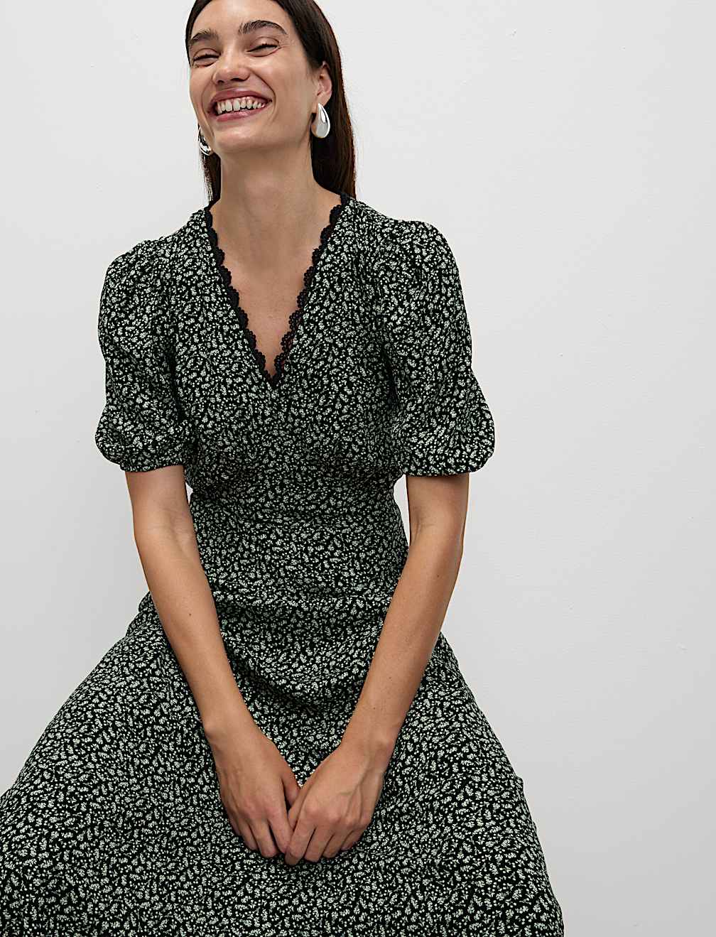 Printed V-Neck Midi Tea Dress