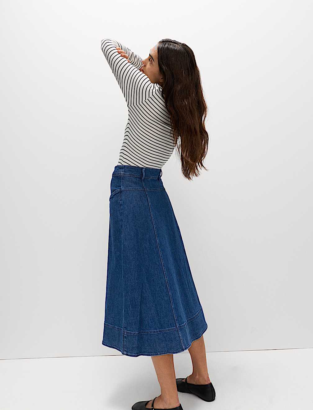 Denim Button Front Midi Circle Skirt