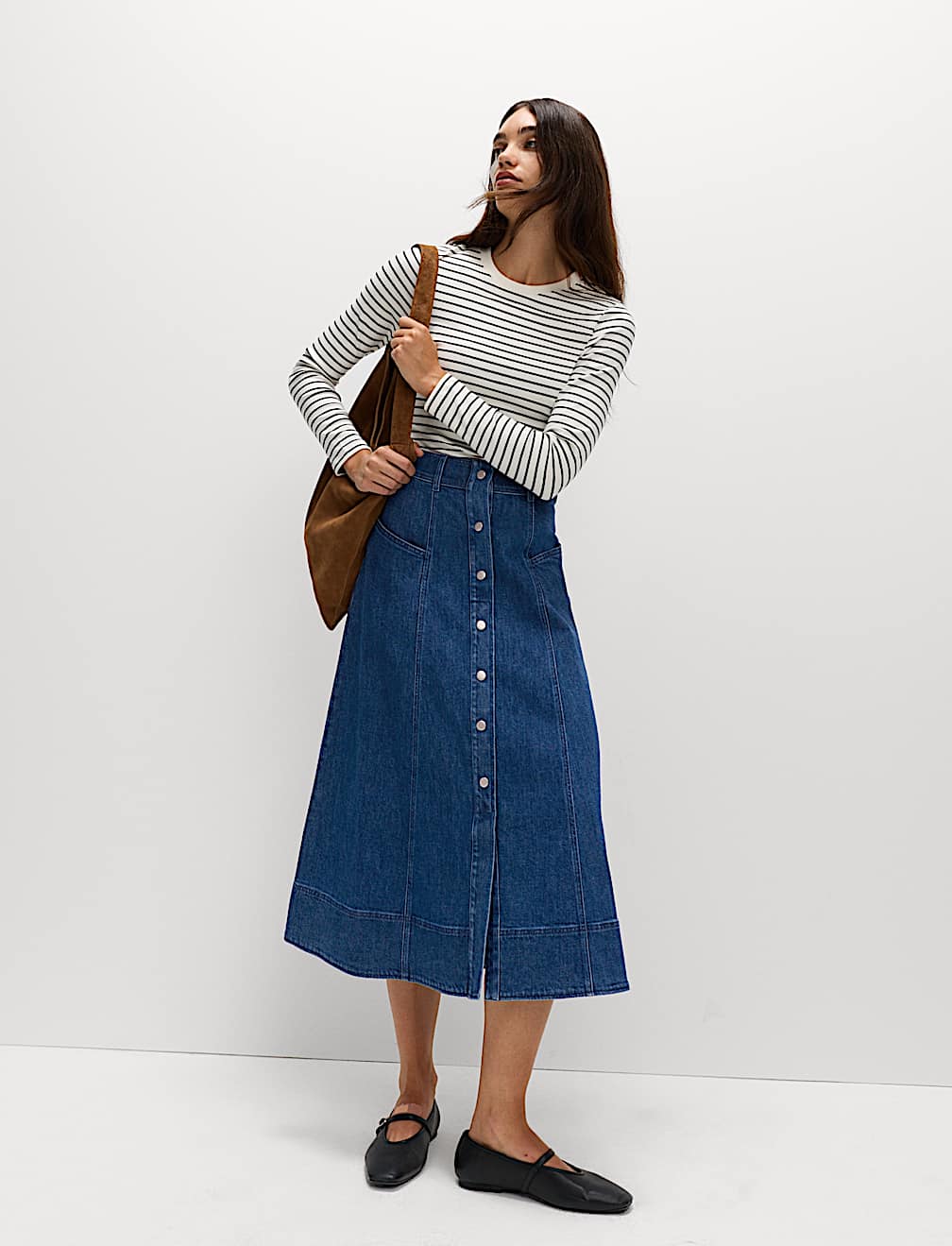 Denim Button Front Midi Circle Skirt
