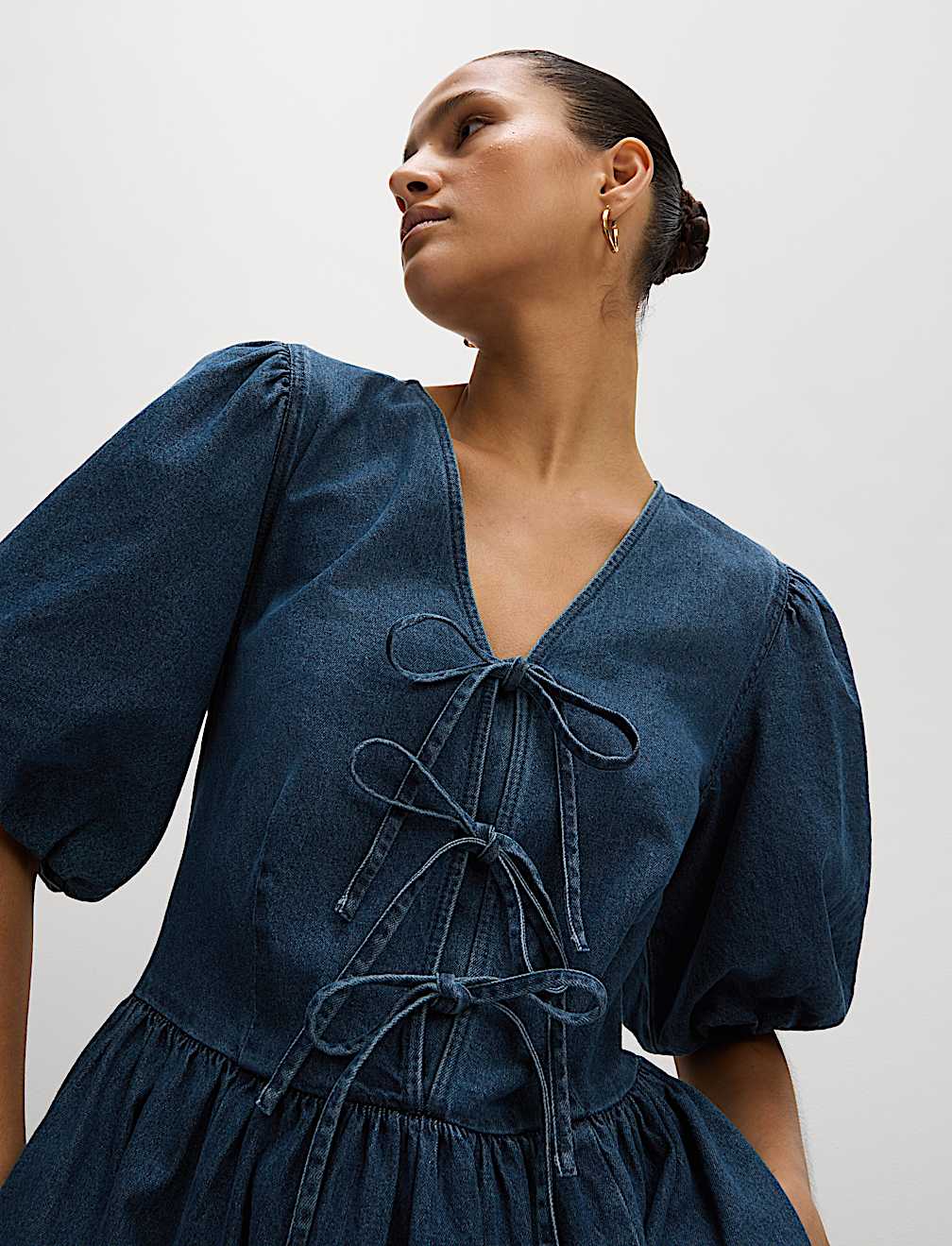 Denim V-Neck Tie Detail Midi Waisted Dress