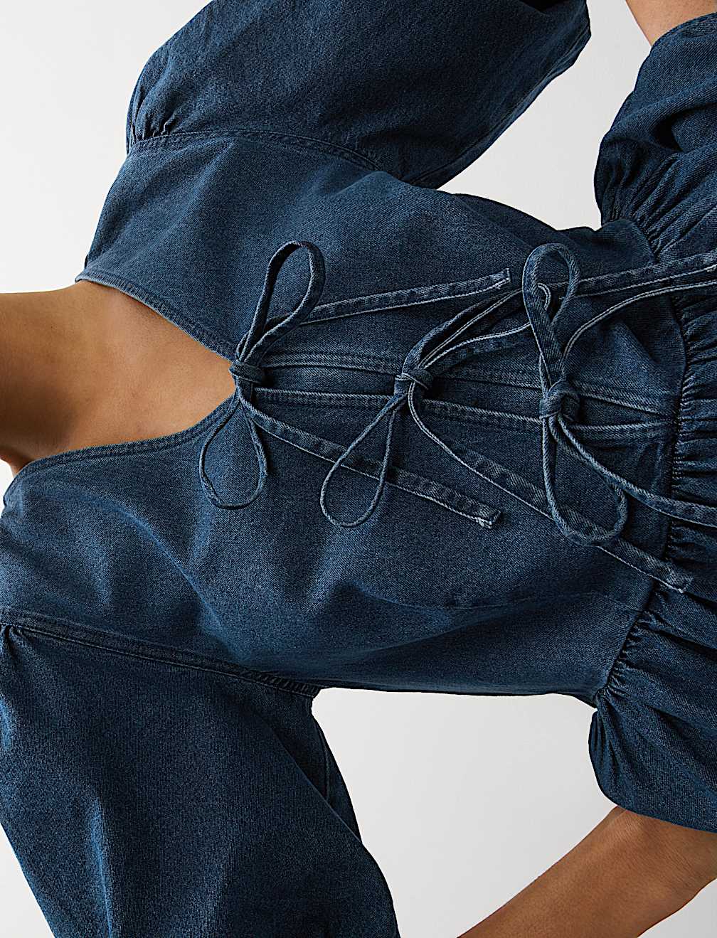 Denim V-Neck Tie Detail Midi Waisted Dress