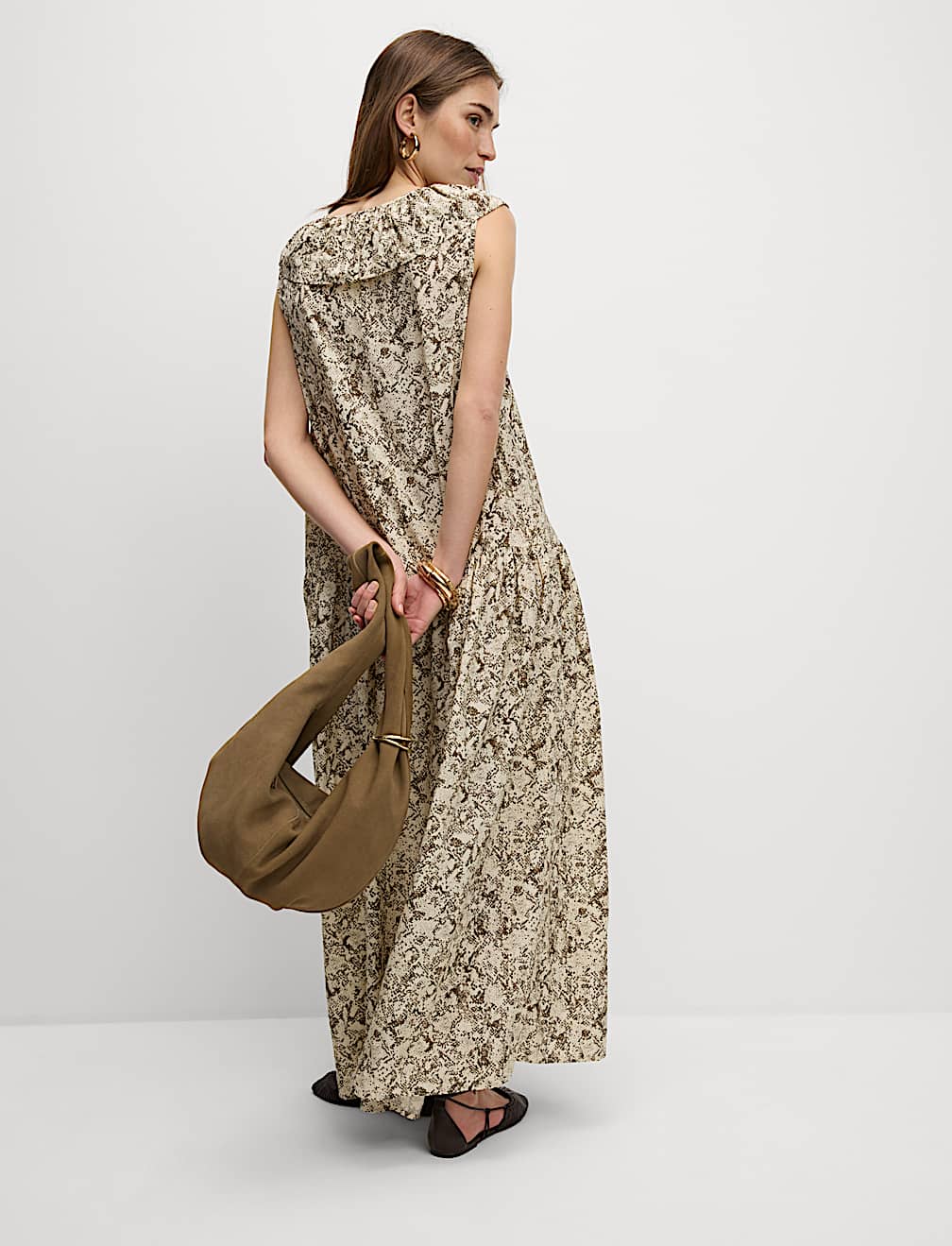 V-Neck Frill Detail Midaxi Relaxed Dress