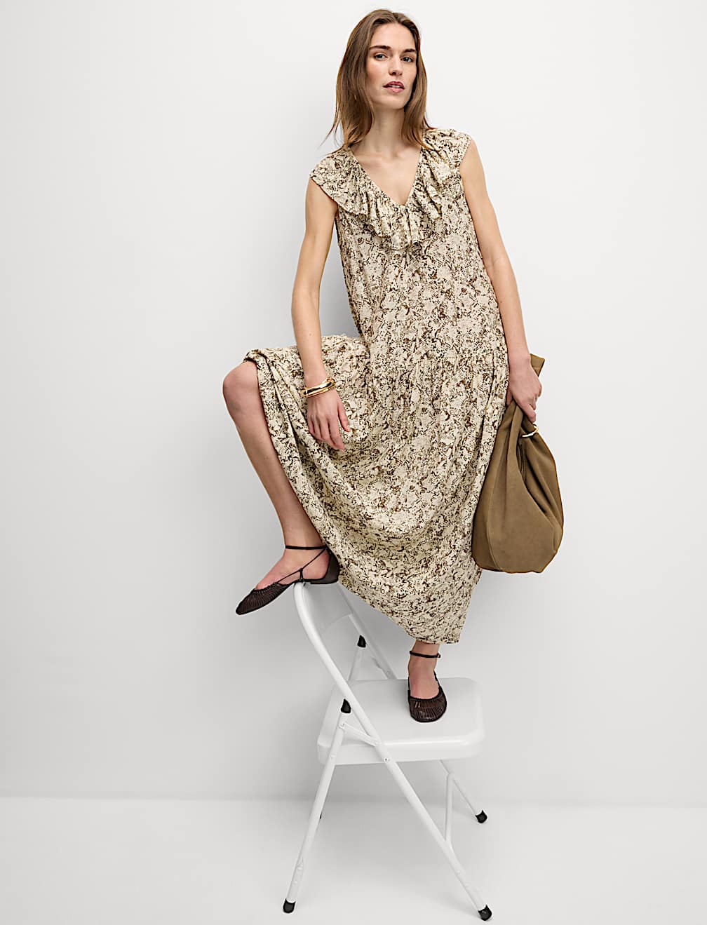 V-Neck Frill Detail Midaxi Relaxed Dress