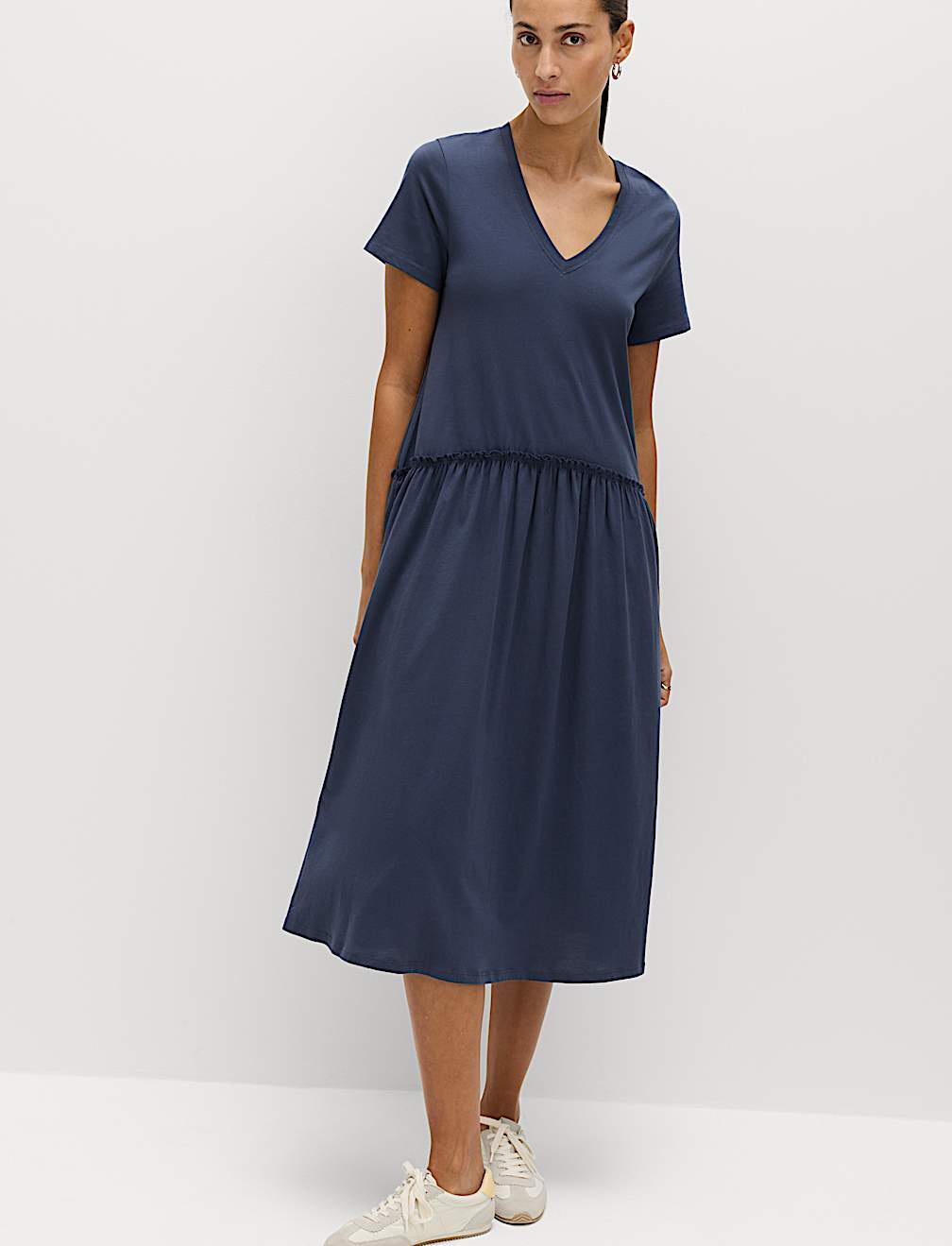 Jersey V-Neck Midi Drop Waist Dress