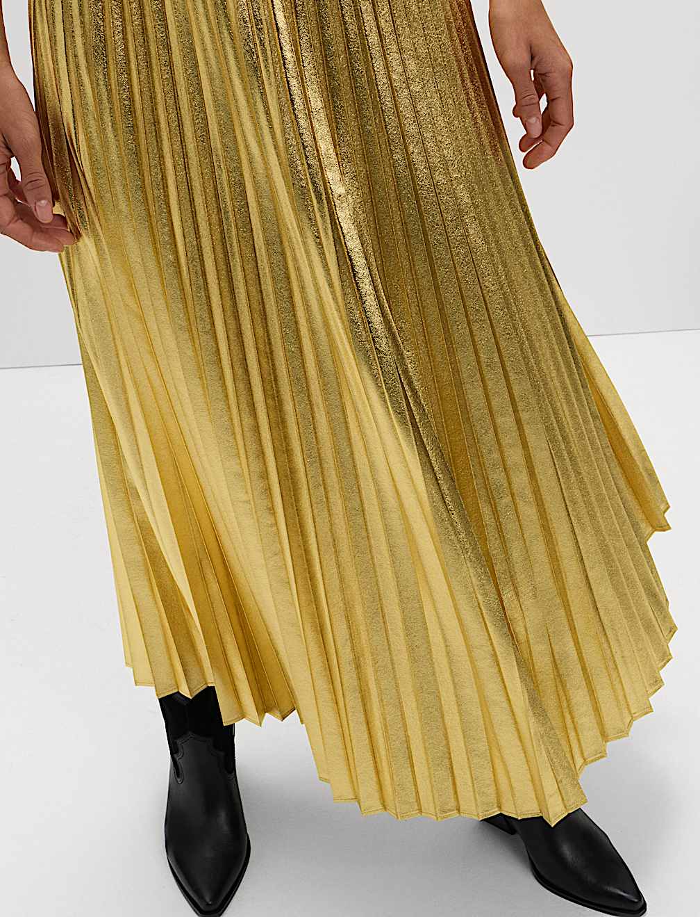 Metallic Gold Pleated Midi Skirt