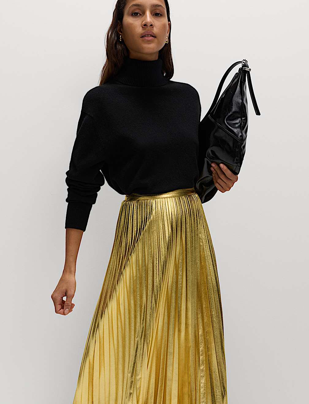 Metallic Gold Pleated Midi Skirt