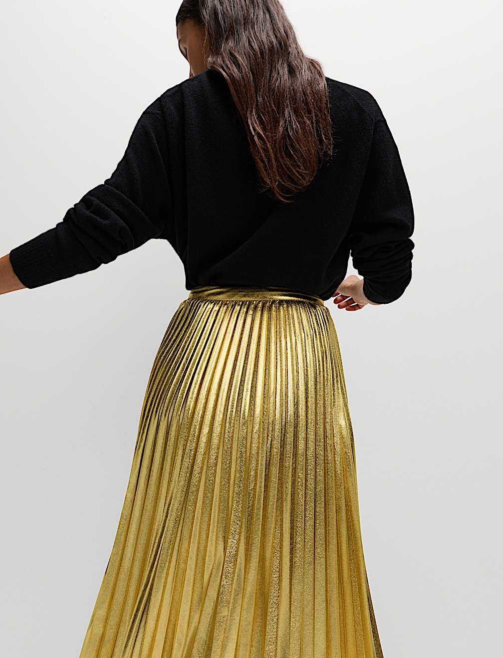 Metallic Gold Pleated Midi Skirt