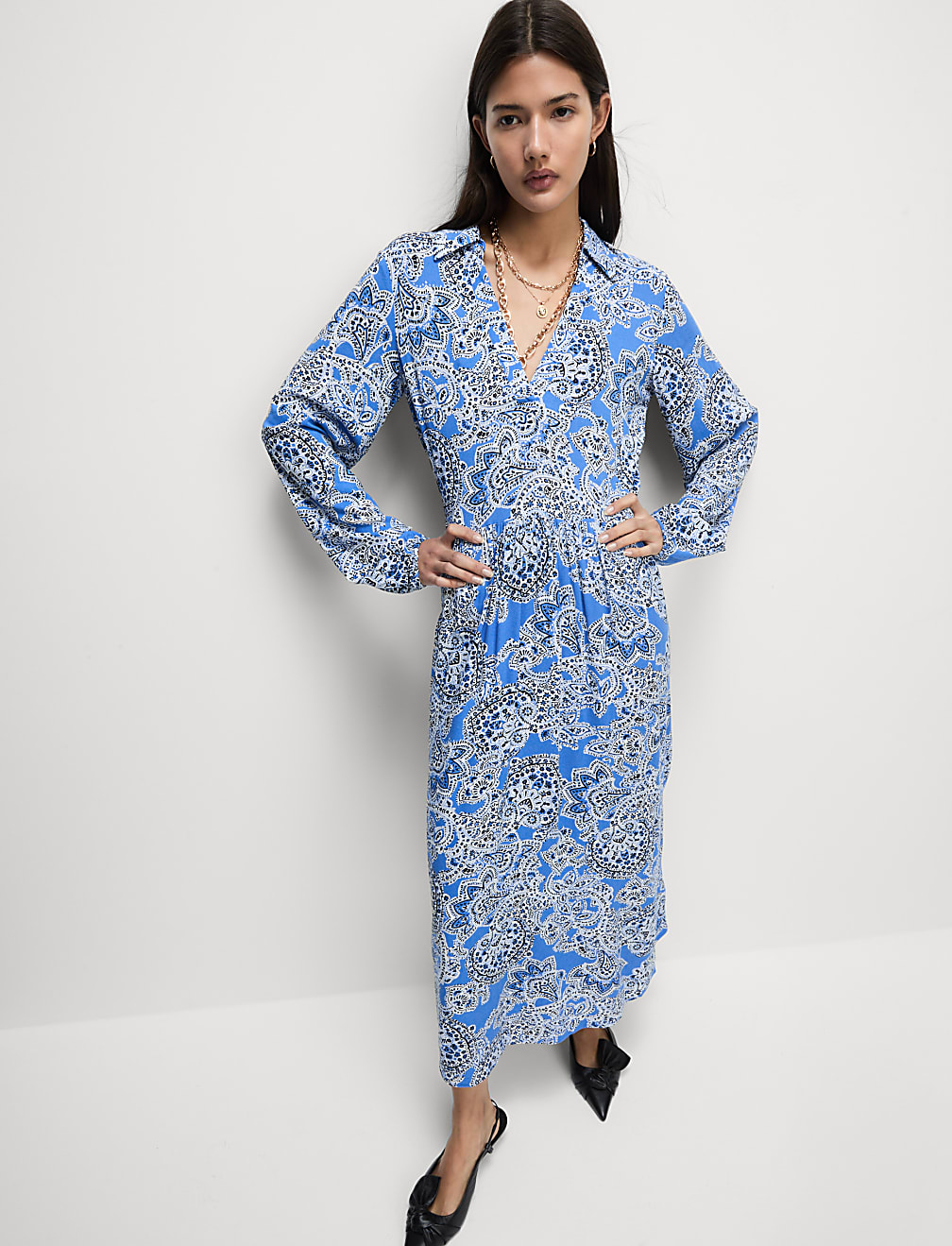 Printed V-Neck Midi Shirt Dress
