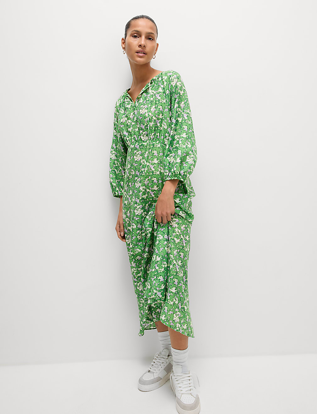 Lyocell Rich Printed Tie Detail Midi Waisted Dress