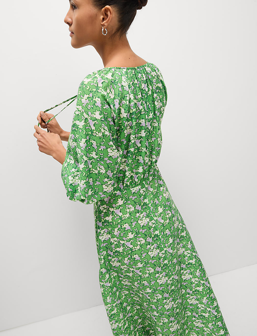 Lyocell Rich Printed Tie Detail Midi Waisted Dress