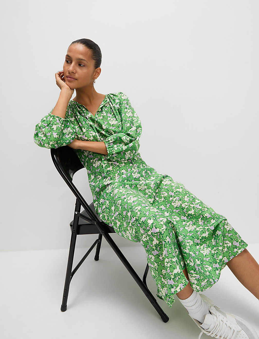Lyocell Rich Printed Tie Detail Midi Waisted Dress