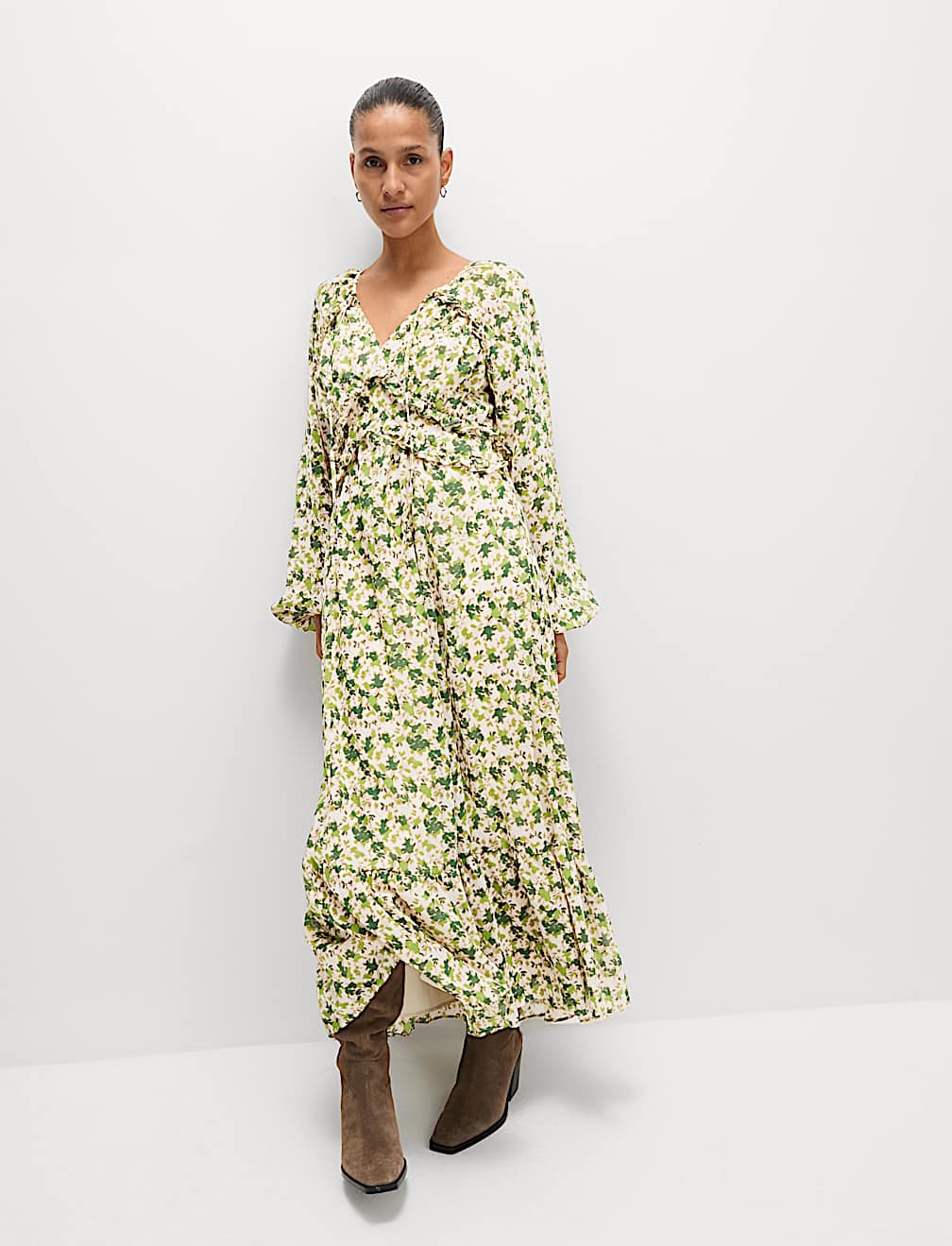 Chiffon Floral V-Neck Midaxi Waisted Dress