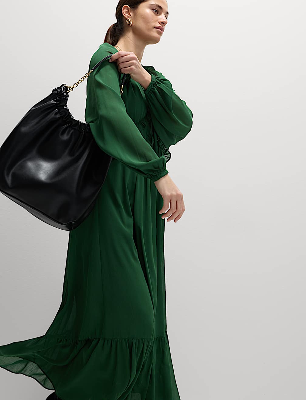 Chiffon V-Neck Ruffle Midaxi Waisted Dress