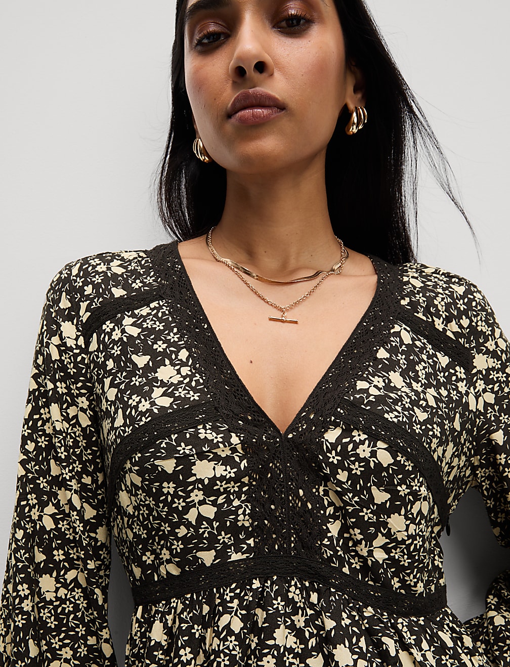 Printed Lace Insert Mini Waisted Dress