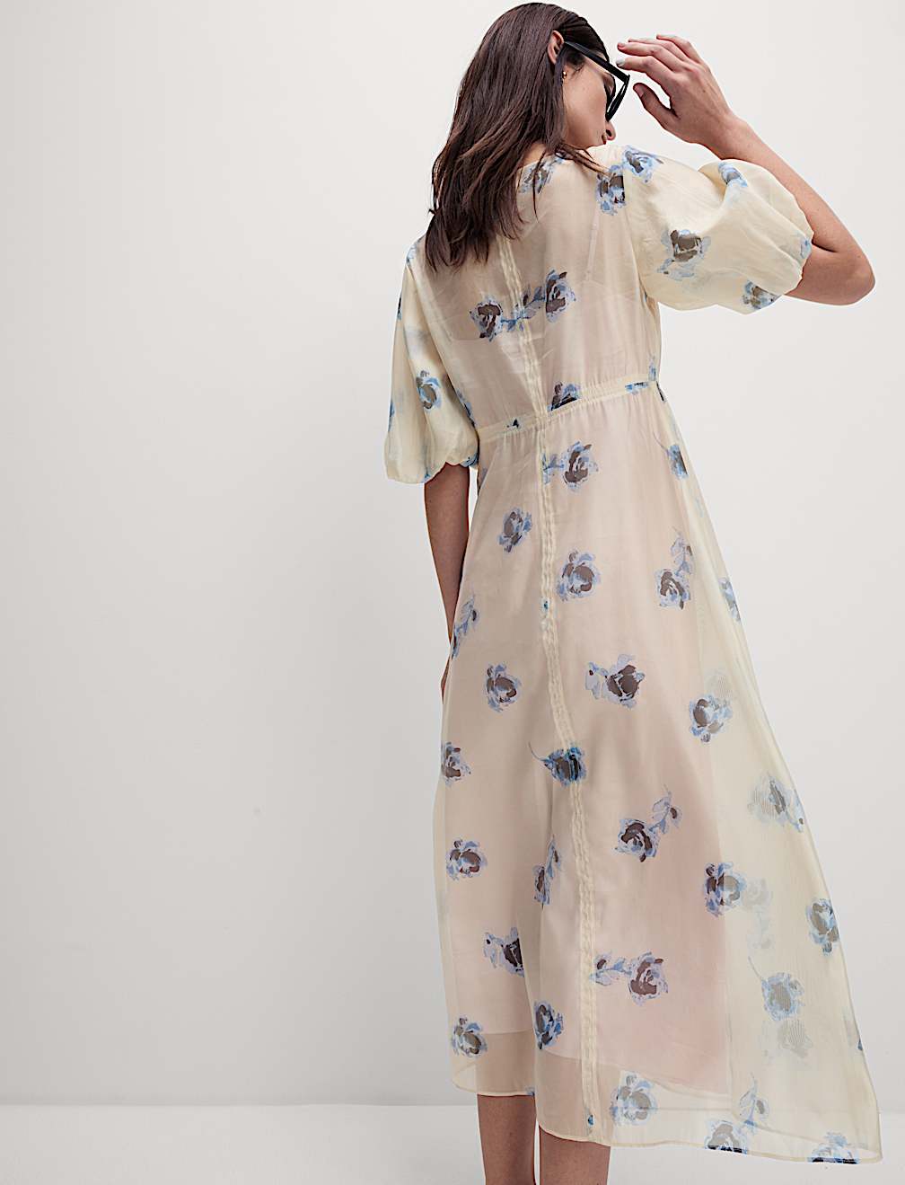 Sheer Printed V-Neck Midi Tea Dress