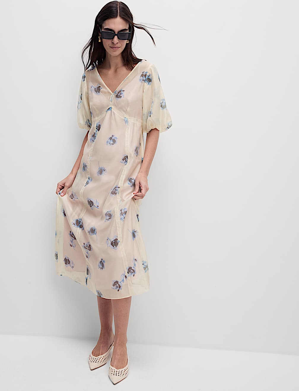 Sheer Printed V-Neck Midi Tea Dress
