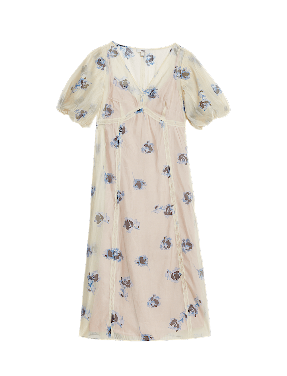 Sheer Printed V-Neck Midi Tea Dress