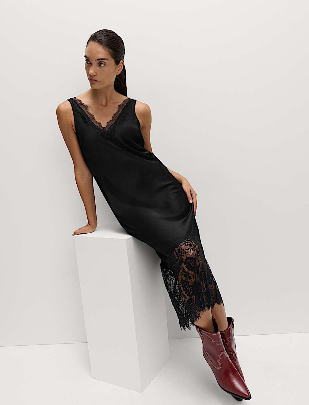Satin Lace V-Neck Midaxi Slip Dress