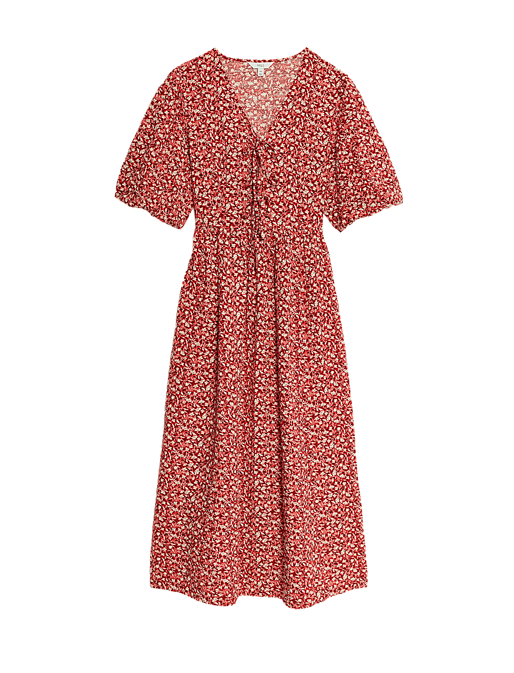 Cotton Rich Floral V-Neck Midi Waisted Dress