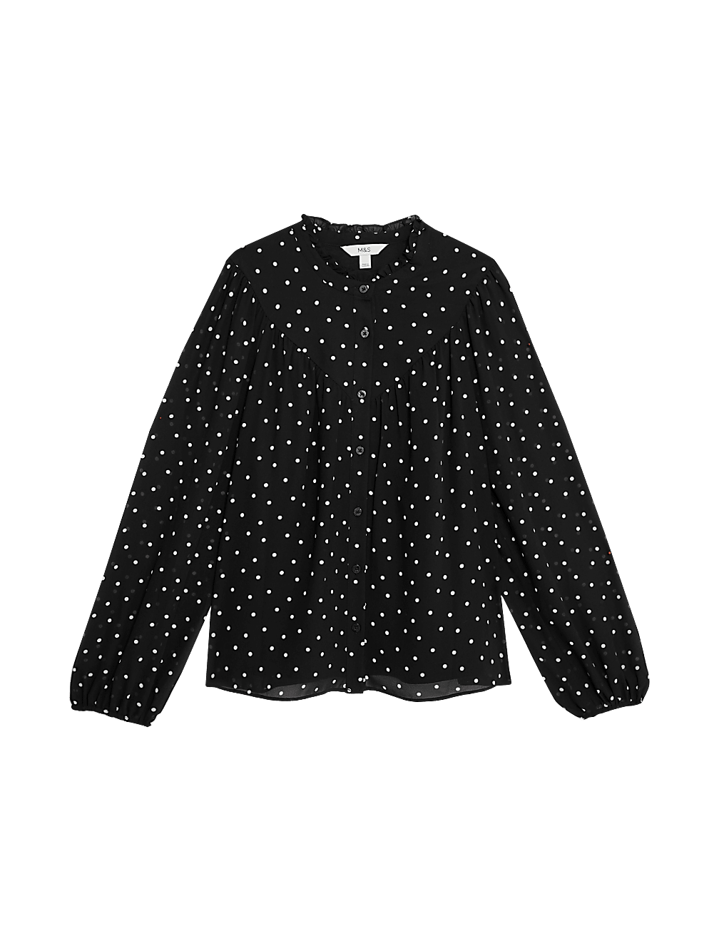 Polka Dot Frill Neck Button Through Blouse