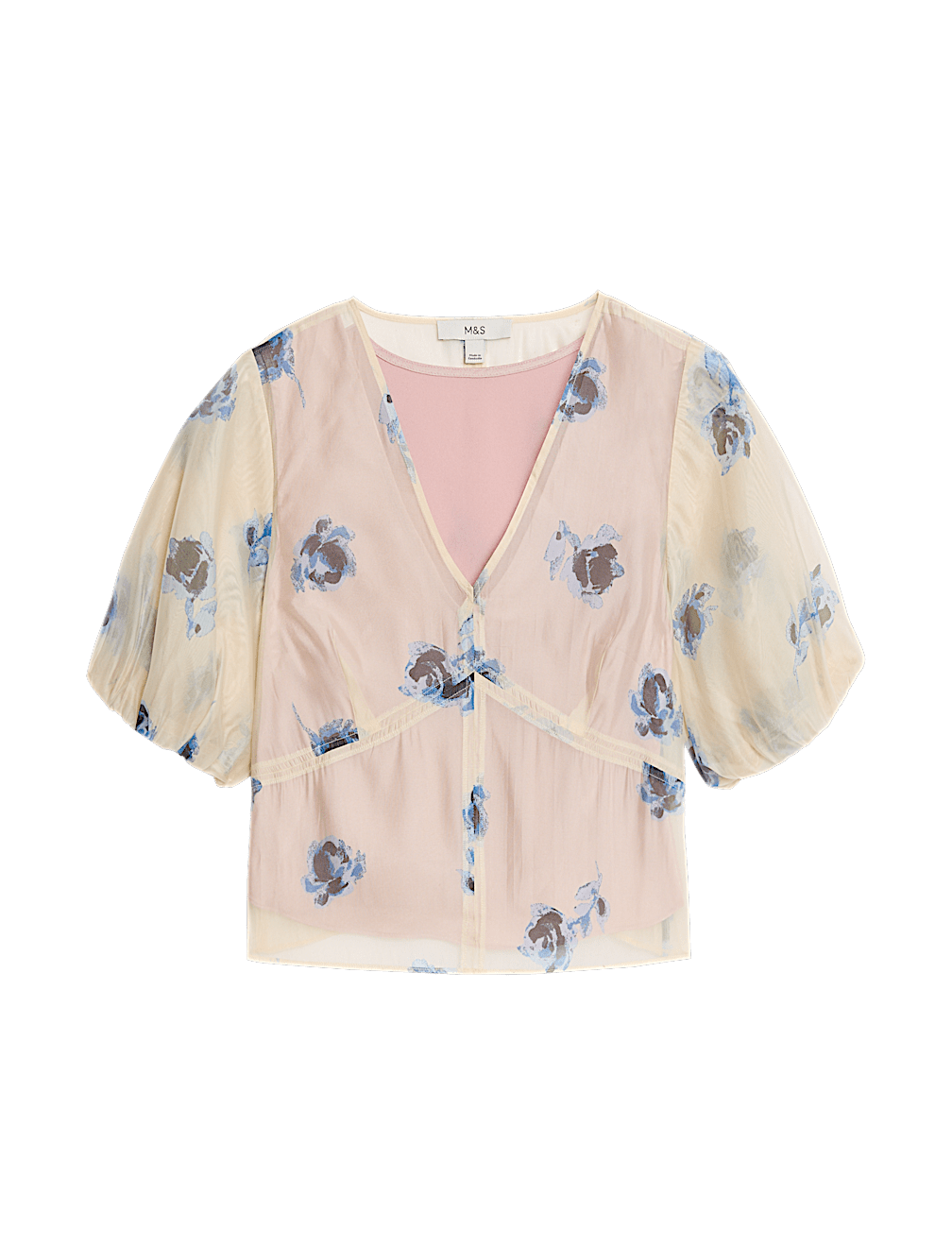 Organza Floral V-Neck Puff Sleeve Blouse