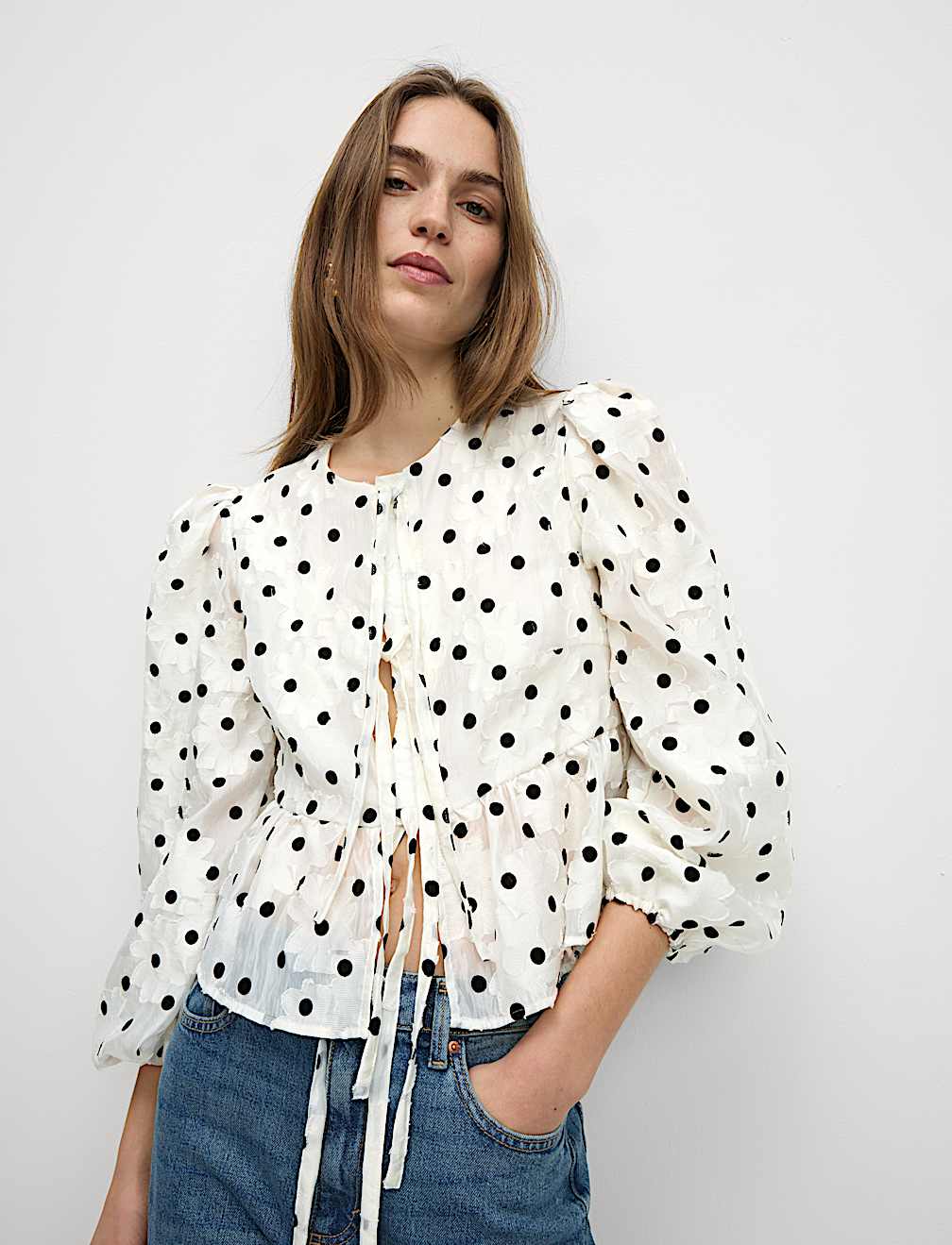 Polka Dot Tie Front Puff Sleeve Blouse