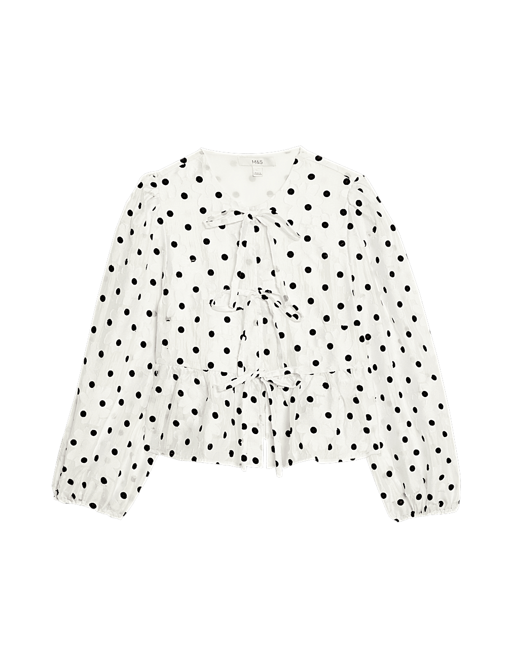 Polka Dot Tie Front Puff Sleeve Blouse
