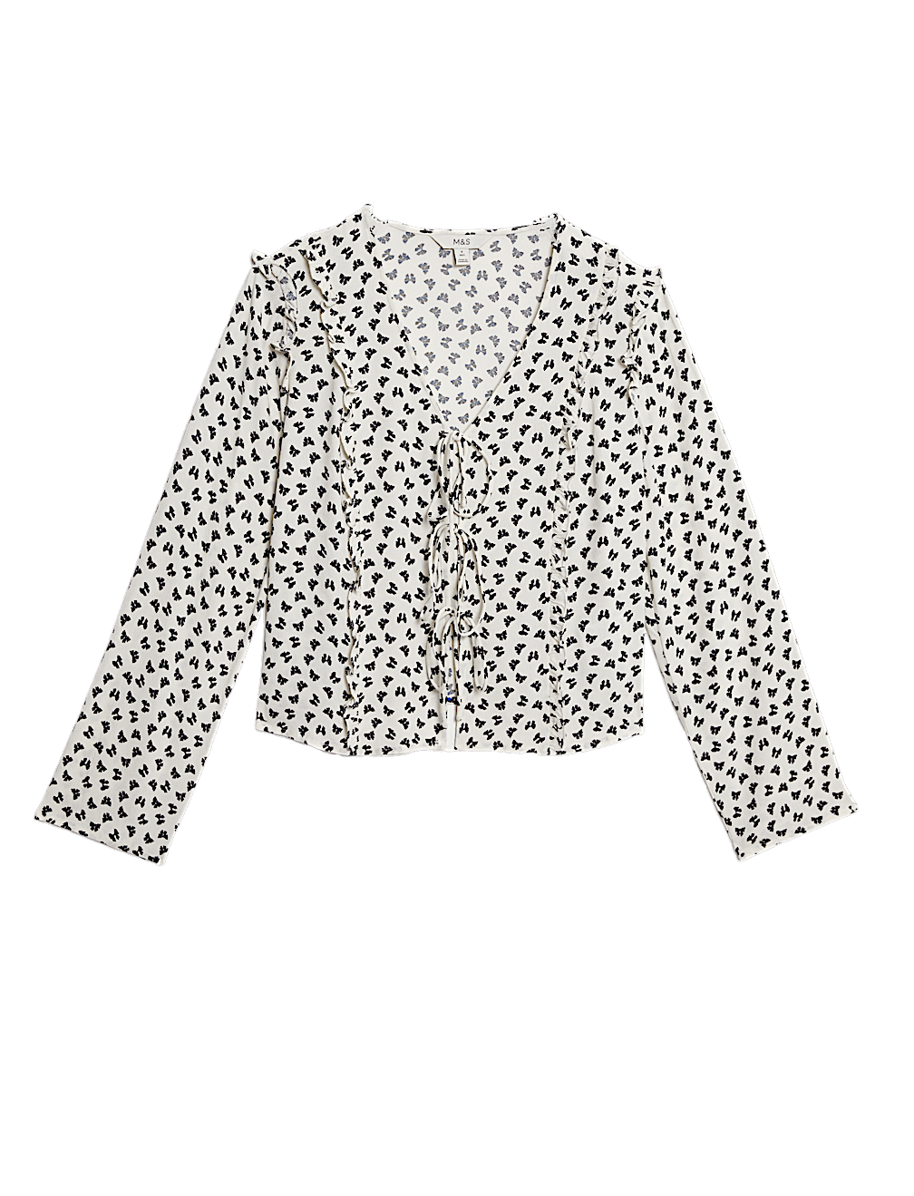 Printed Tie Front Ruffle Blouse