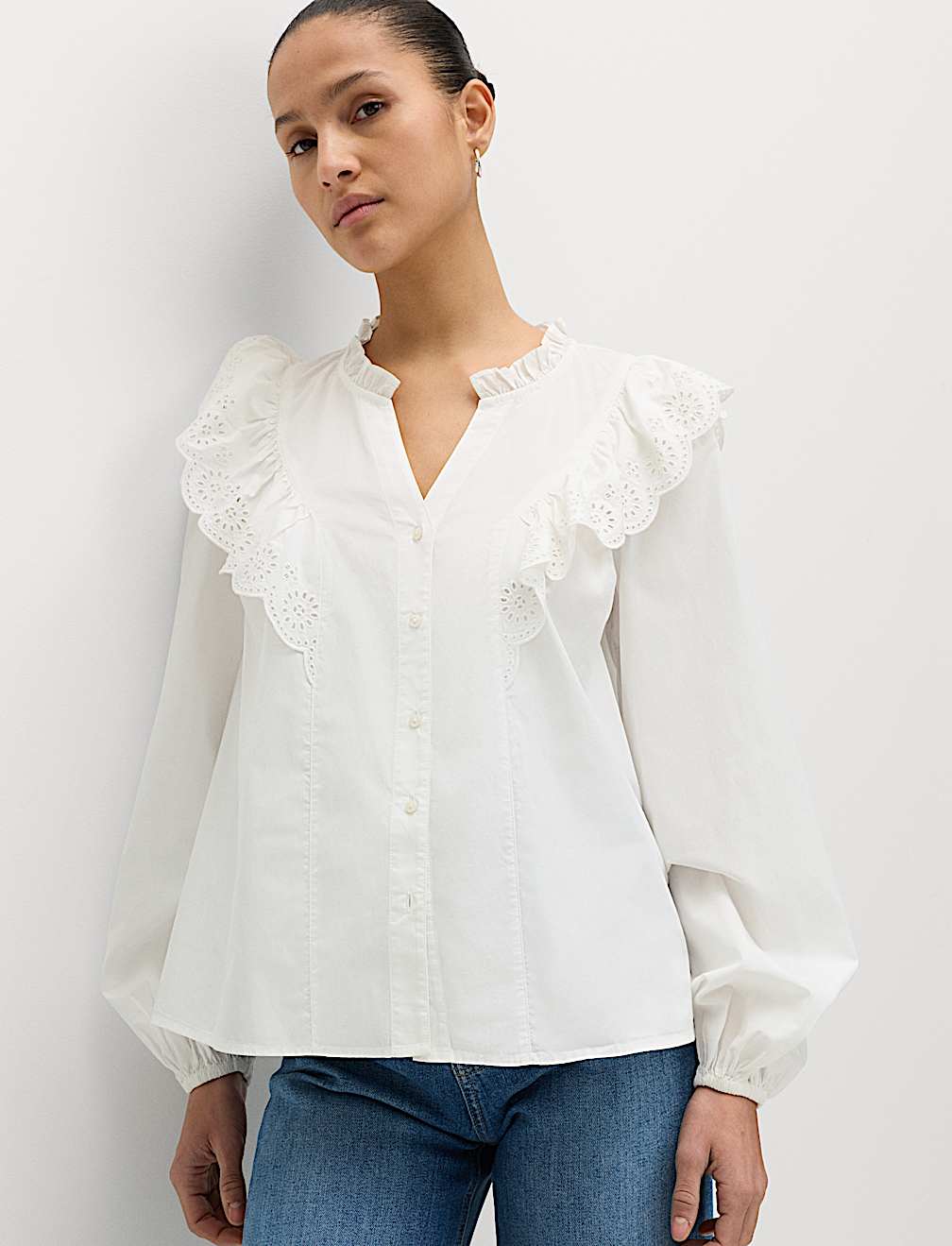 Pure Cotton Broderie Long Sleeve Blouse
