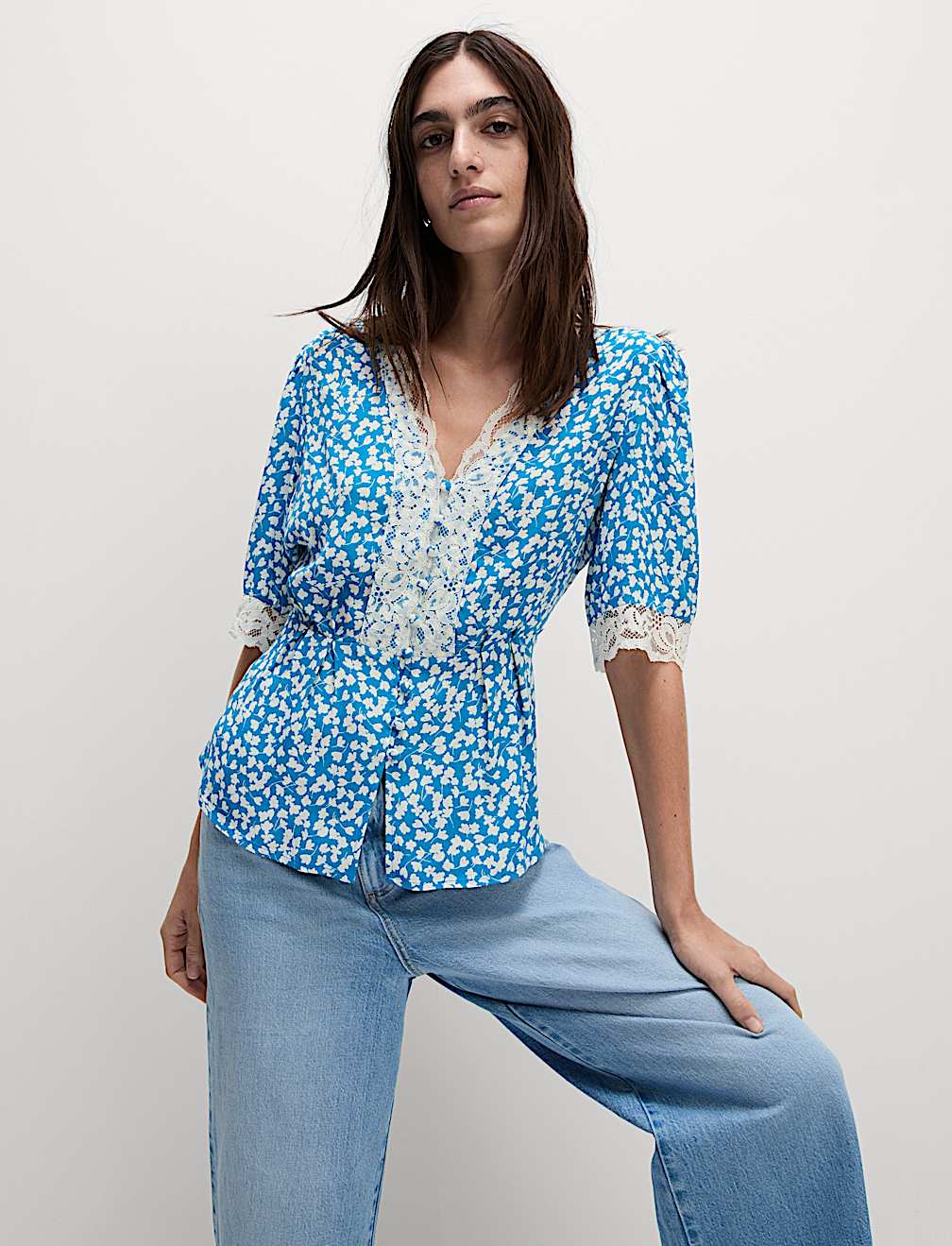 Floral Lace Detail V-Neck Blouse