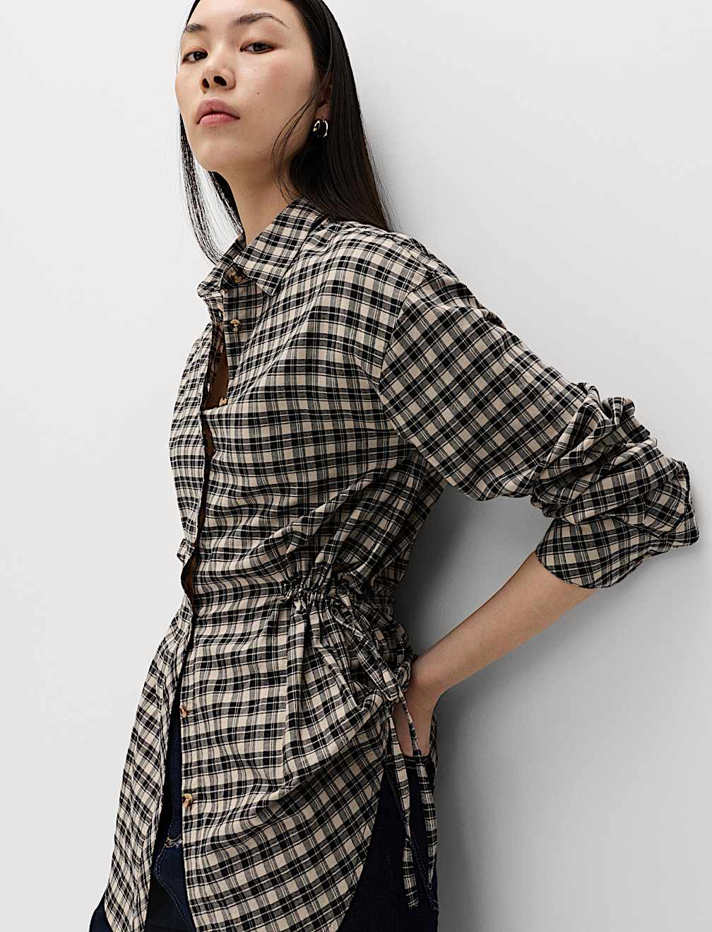 Pure Cotton Checked Drawcord Waist Shirt