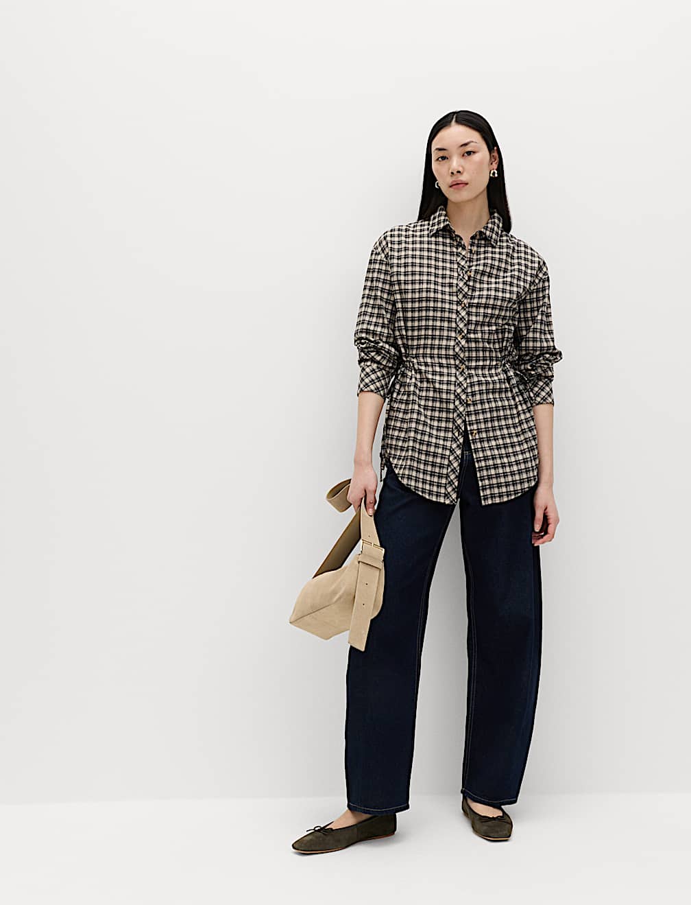 Pure Cotton Checked Drawcord Waist Shirt