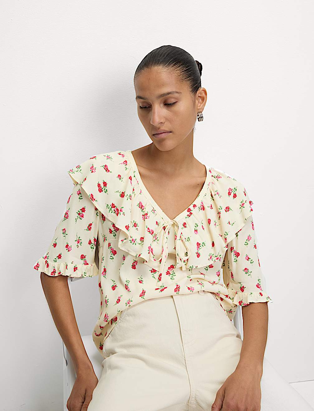 Floral Frill Neck Tie Detail Top