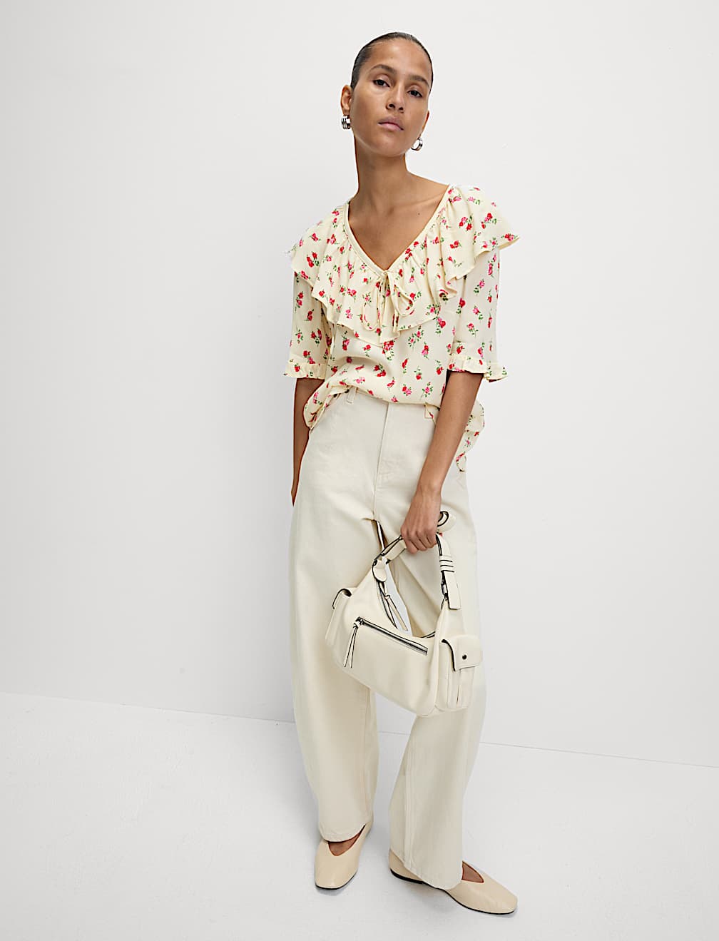 Floral Frill Neck Tie Detail Top