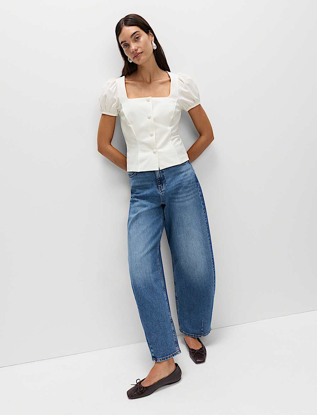 Square Neck Button Through Puff Sleeve Top