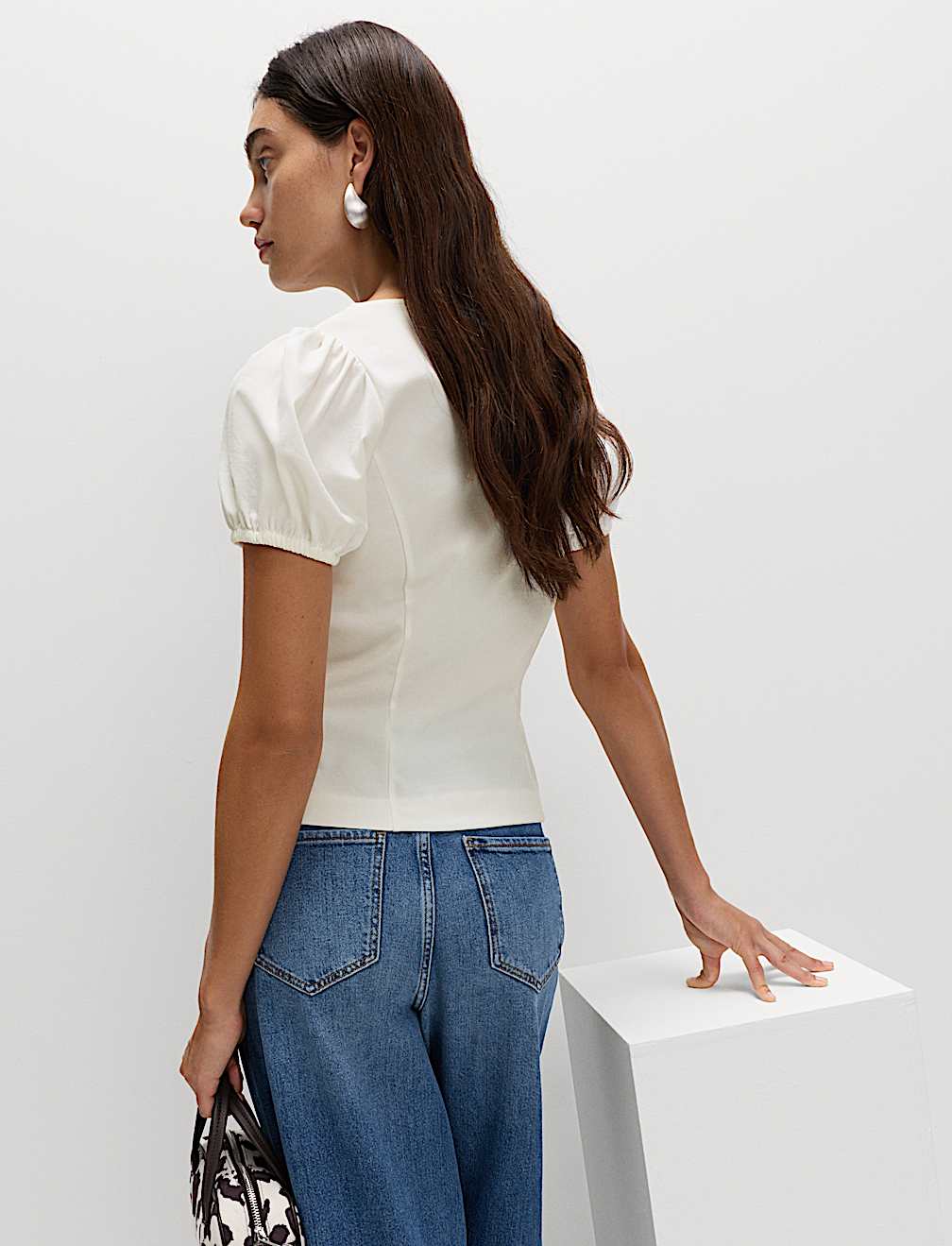 Square Neck Button Through Puff Sleeve Top
