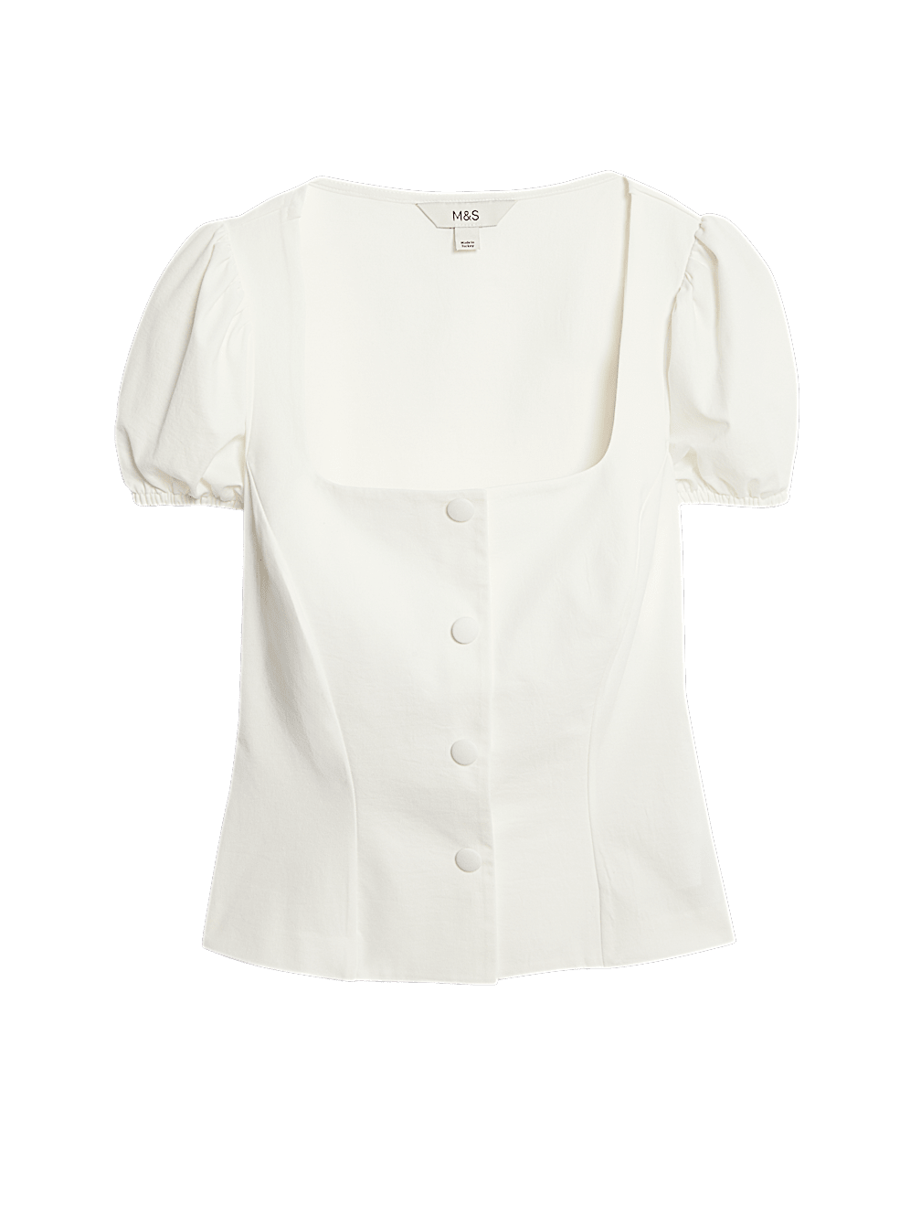 Square Neck Button Through Puff Sleeve Top
