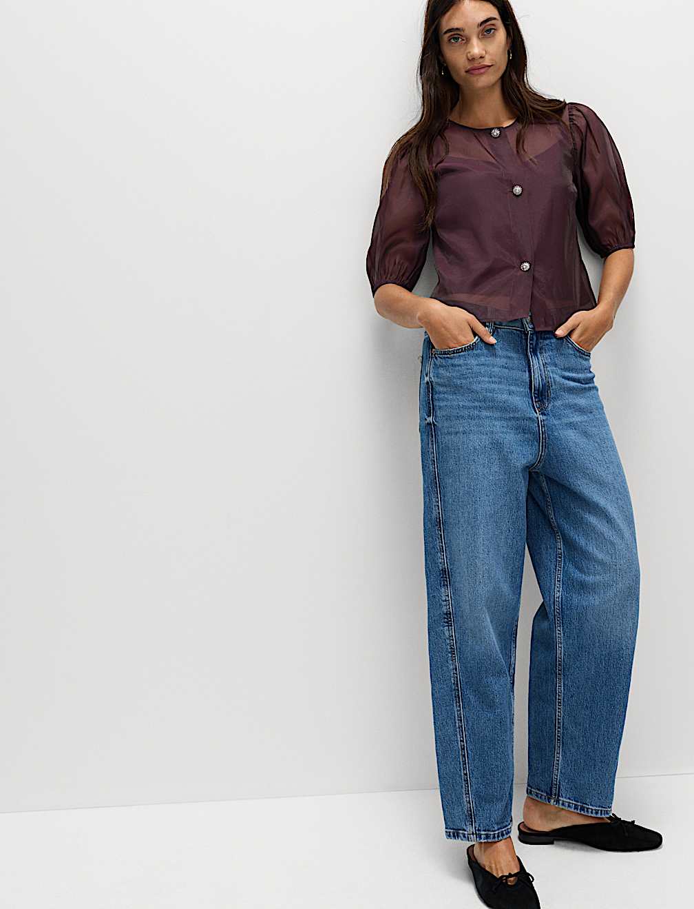 Organza Embellished Button Detail Top