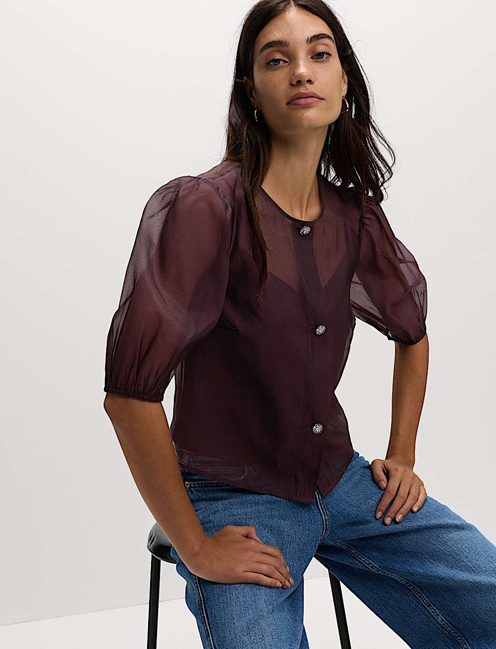 Organza Embellished Button Detail Top