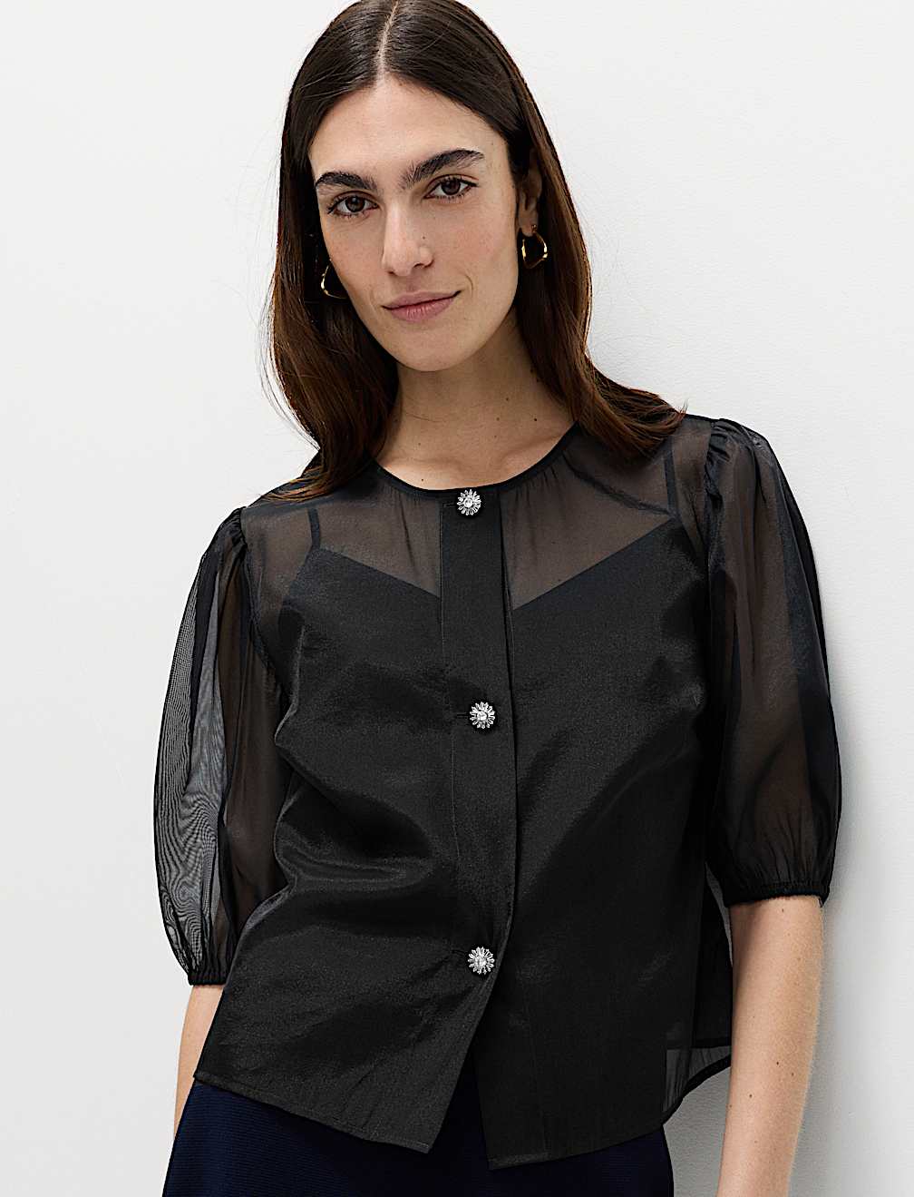 Organza Embellished Button Detail Top