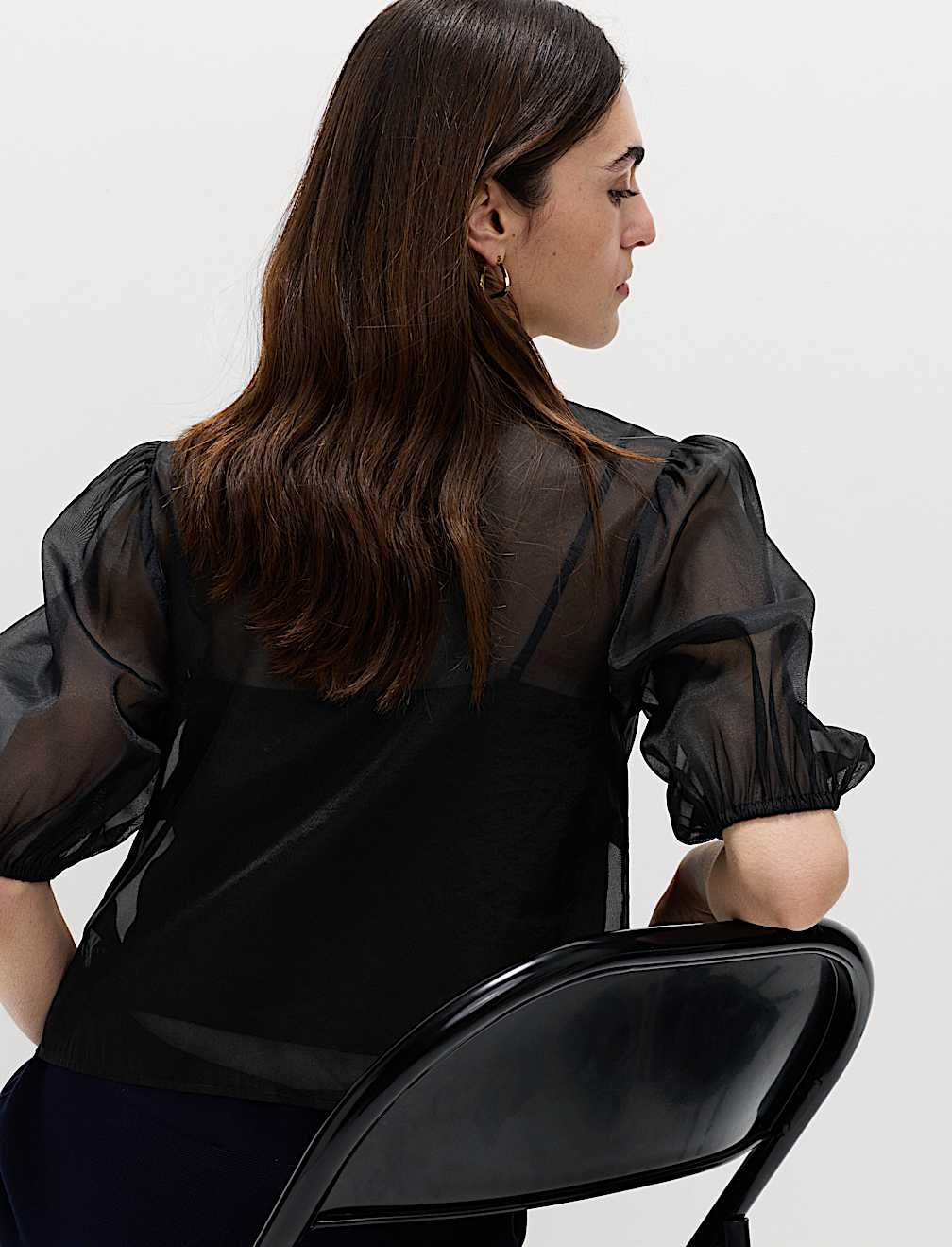 Organza Embellished Button Detail Top