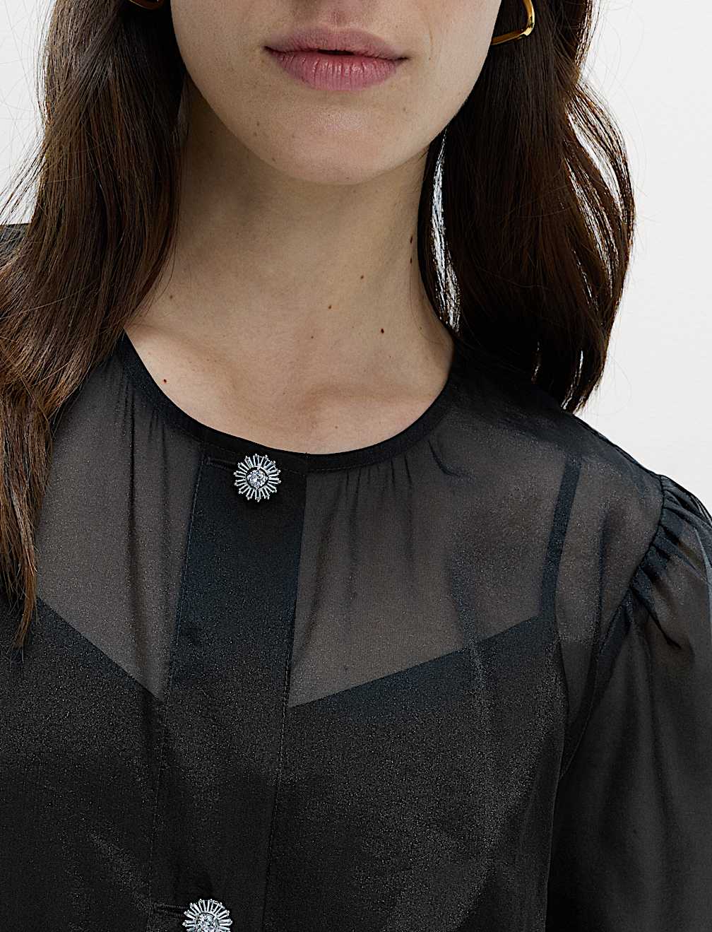 Organza Embellished Button Detail Top