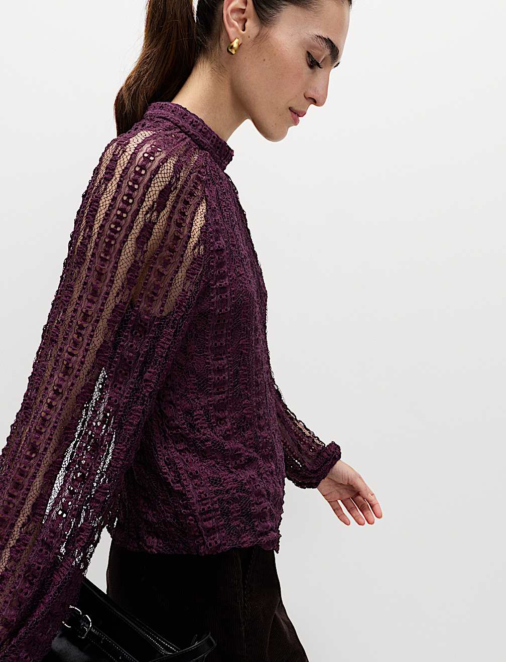 Jersey Lace High Neck Blouse with Stretch