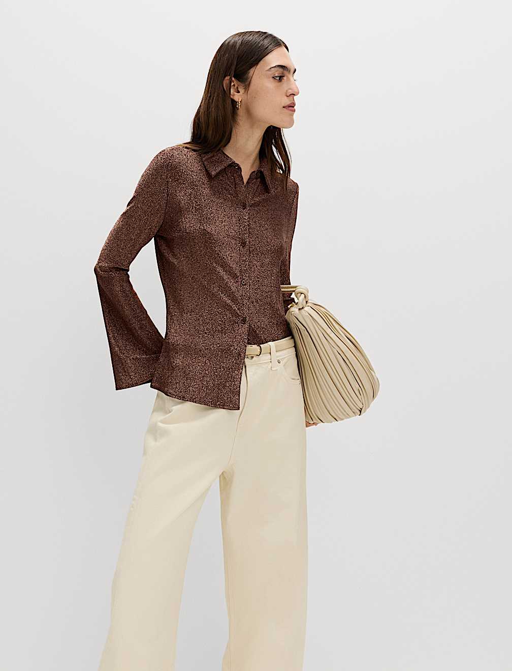 Lurex Mix Sparkly Fitted Flute Sleeve Shirt