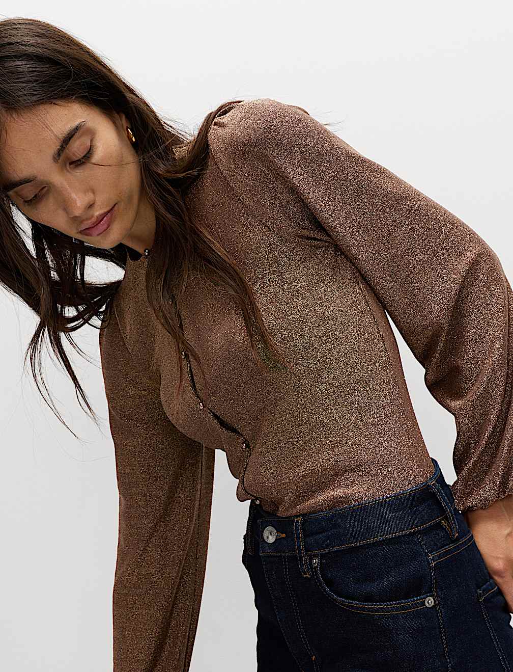 Sparkly Button Through Blouson Sleeve Top