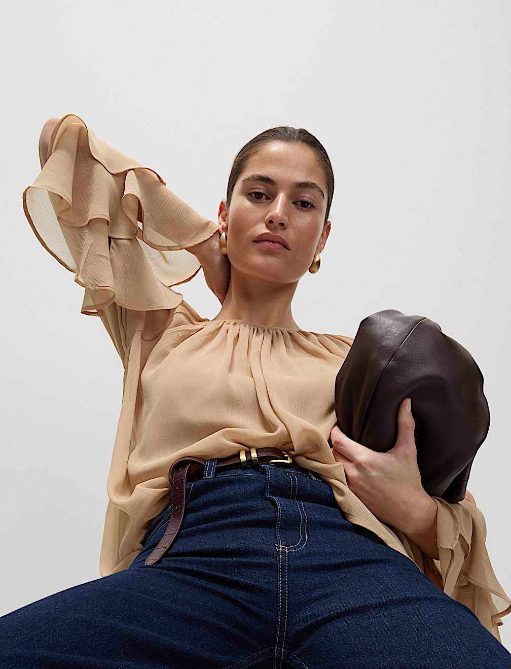 Crew Neck Ruffle Sleeve Blouse